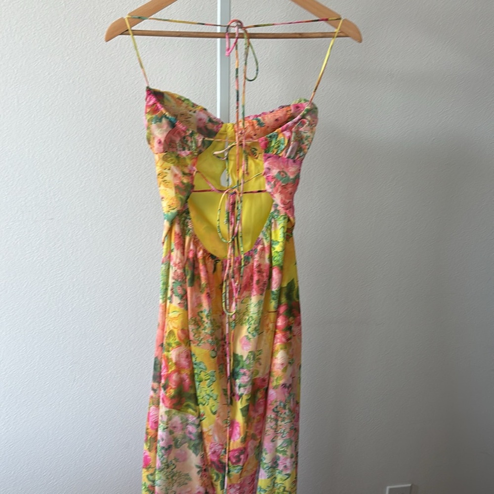 NWT Floral Dress L Y2K Lace-Up Back Maxi Side Slit Coquette Boho Resort Romantic - Picture 9 of 16